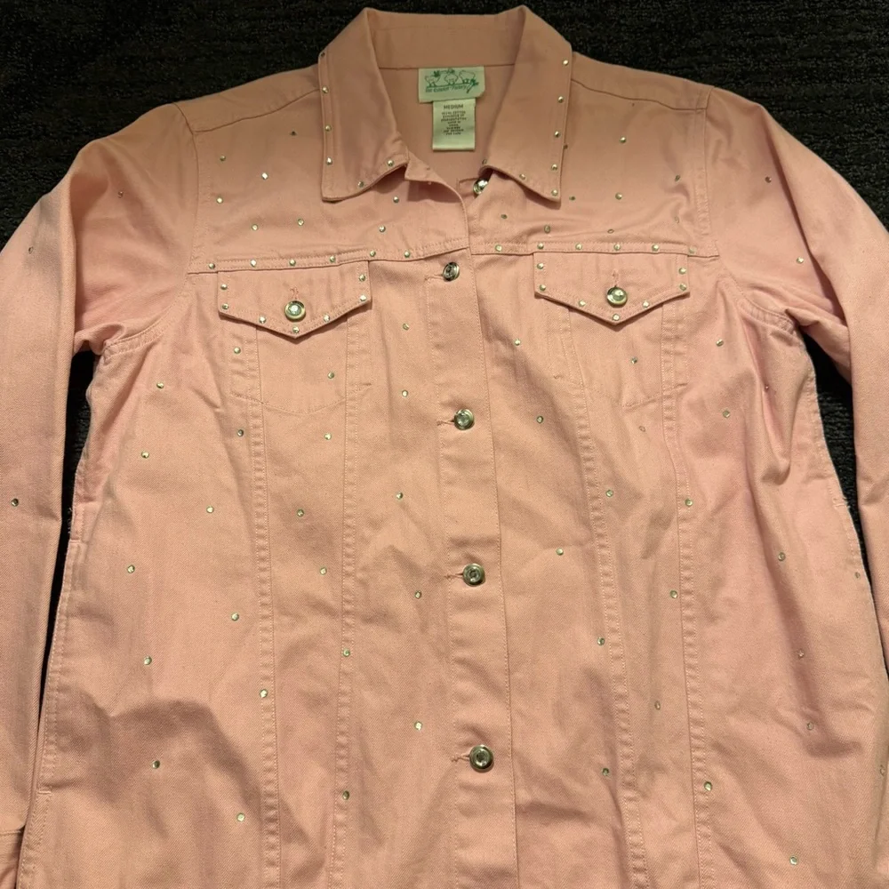 Quacker Factory Pink Rhinestone Studded Jean Jacket Classic Denim Size M Vintage - Picture 2 of 9